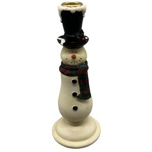 Christmas Snowman Ceramic Candlestick Holder Top Hat & Scarf 9.5" Tall READ